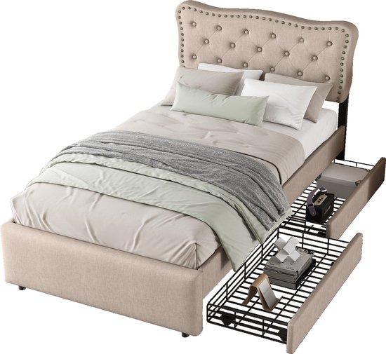 Merax 90*200 cm Gestoffeerd Bed - Bedframe met Opbergruimte - Eenpersoonsbed - Beige Bruin