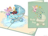 Popcards popupkaarten - Geboortekaart | Blauw wiegje met lieve fee voor goede wensen baby boy geboorte pop-up kaart 3D wenskaart