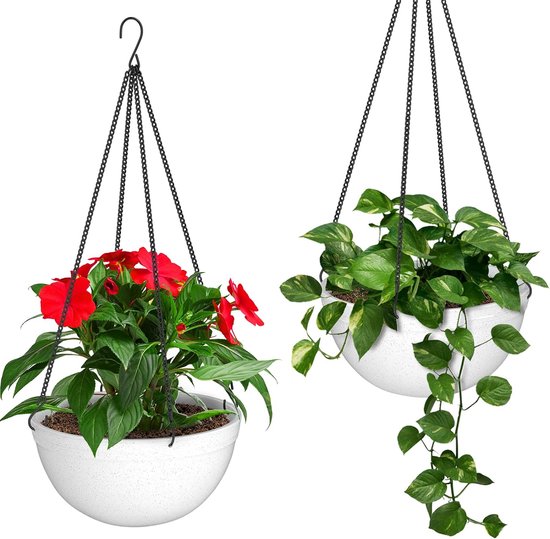 Sumotia 2 hangbloempotten met houten sokkel, metalen ring en ophanglus, ronde hangende plantenbakken voor binnen, zwarte hangende plantenbakken voor muren en plafonds