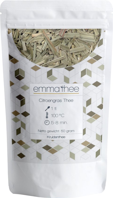 Witte verpakking met "emmathee Citroengras Thee" logo, bereidingsinstructies en 50 gram kruidenthee. Geometriche print in groen-bruine tinten.