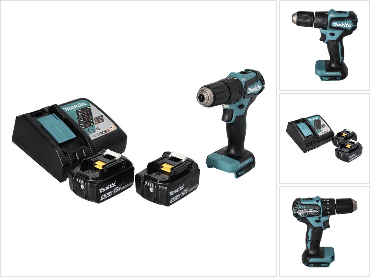 Makita DHP 483 RF accu klopboormachine 18 V 40 Nm borstelloos + 2x accu 3,0 Ah + oplader