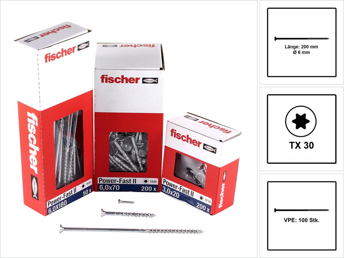 Fischer 100x Power-Fast II FPF II CTP 6 x 200 mm BC verzonken kop met binnenster TX30 deeldraad galvanisch verzinkt blauw gepassiveerd - 670466