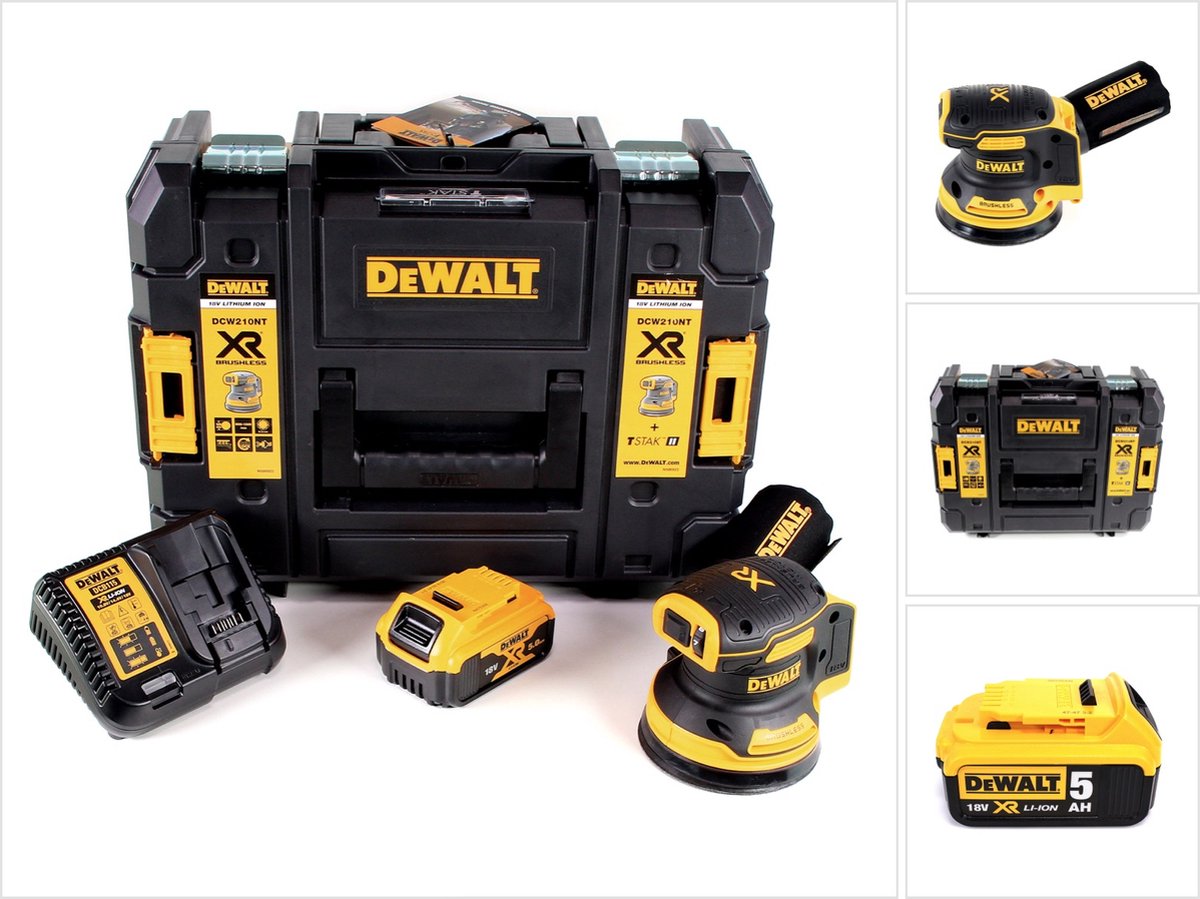 DeWalt DCW 210 P1 accu excentrische schuurmachine 18V 125 mm borstelloos + 1x accu 5,0 Ah + oplader + TSTAK