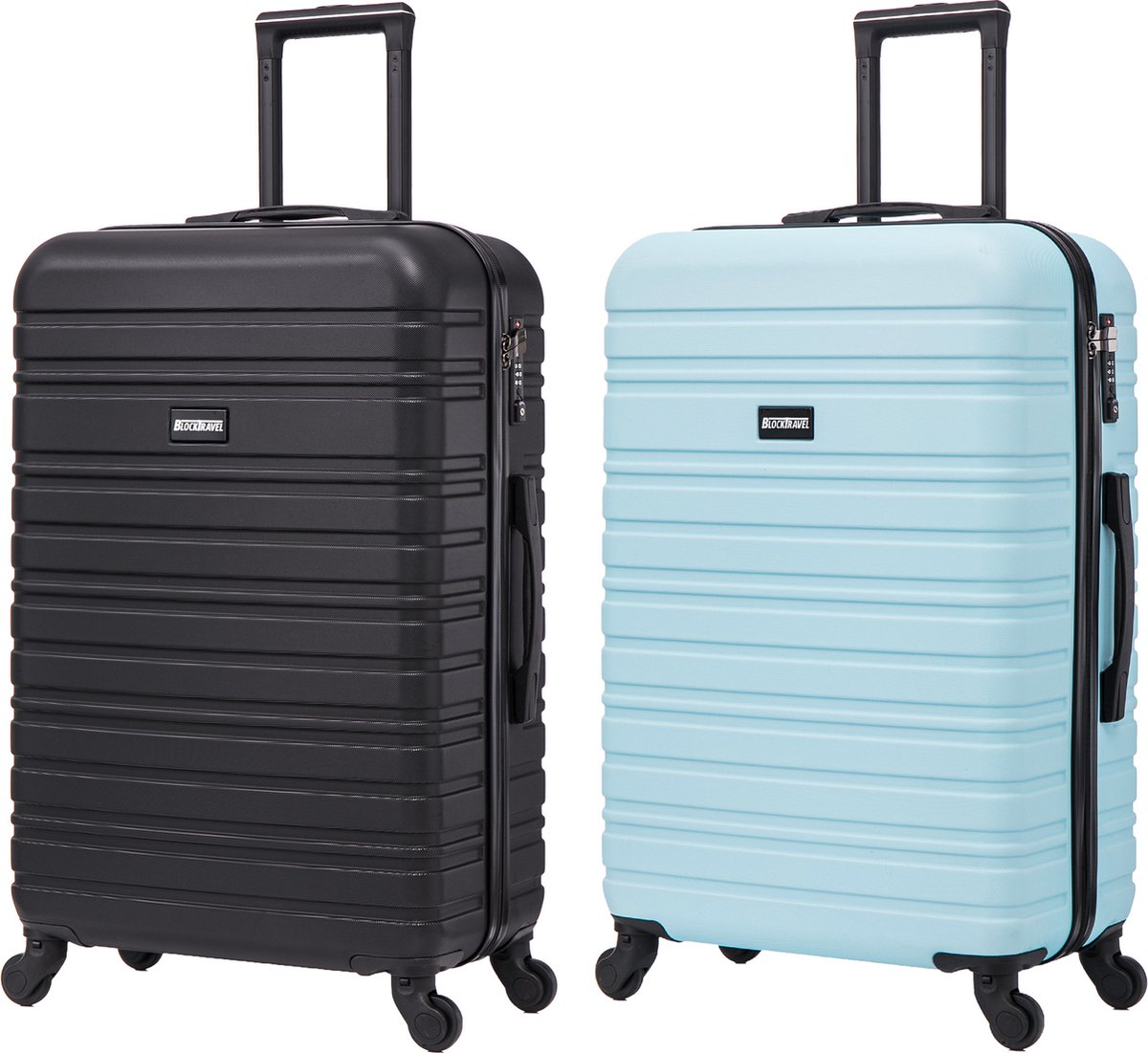 BlockTravel - kofferset - 2 delig - ABS - ruimbagage - met wielen afneembaar - 74 liter - inbouw TSA slot - zwart - licht blauw