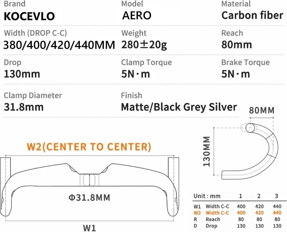 Guidon Carbone AERO Pour Vélo De Route - 380/400/420/440 Mm, Intérieur, UD Mat, Noir