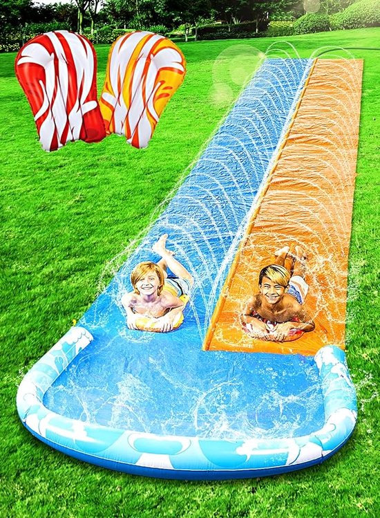 Dubbele Waterglijbaan met Sprinkler en 2 Bodyboards - Ultiem Raceplezier voor de Achtertuin Slip and slide 6.9 meter