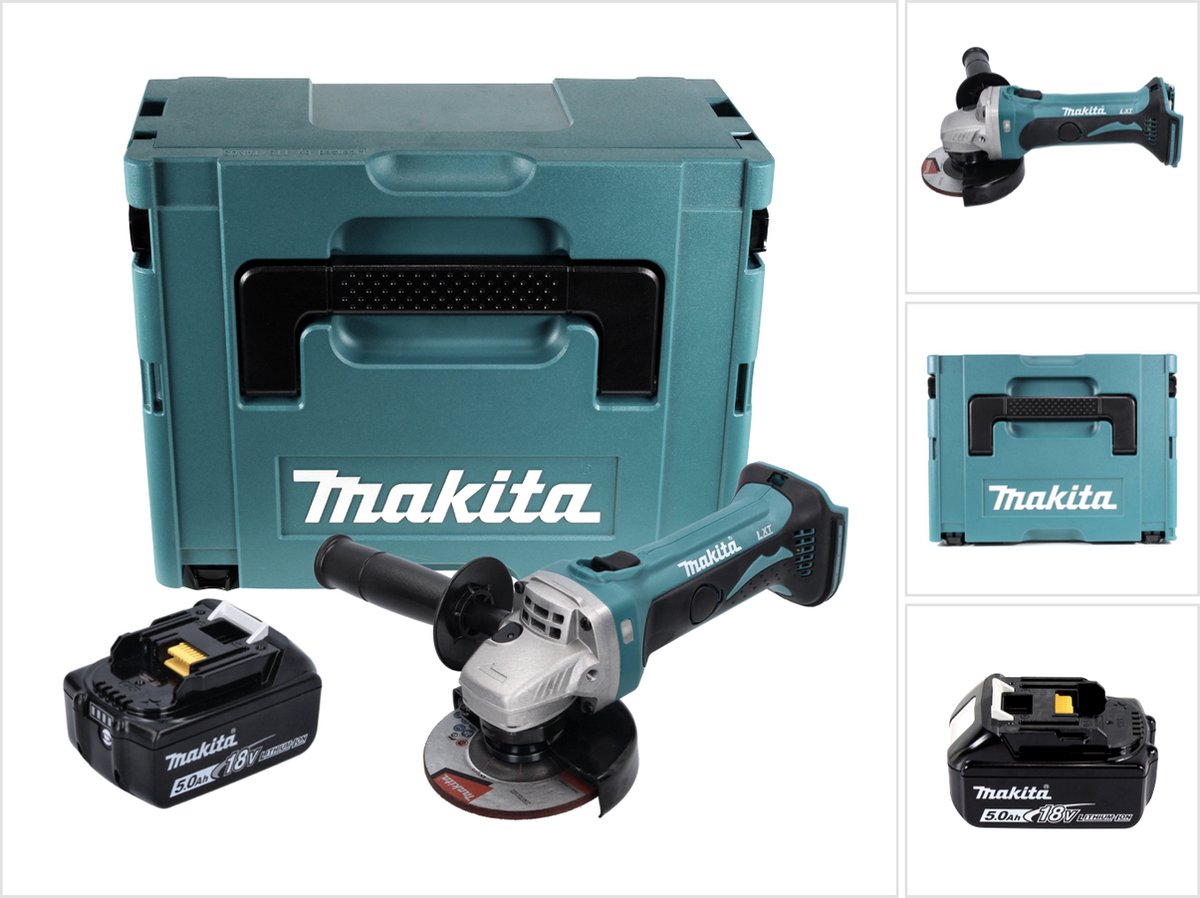 Makita DGA 452 T1J accu haakse slijper 18 V 115 mm + 1x oplaadbare accu 5.0 Ah + Makpac - zonder lader