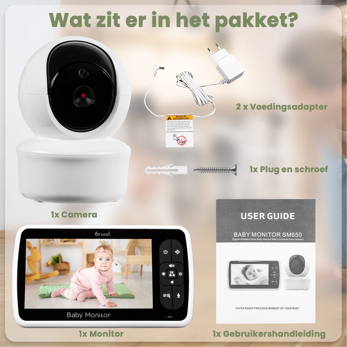 Afbeelding 2 van Babyfoon - met Camera en Monitor - Bestuurbaar/kantelbaar - Praatfunctie - 5" Scherm - Wit - van Saaf