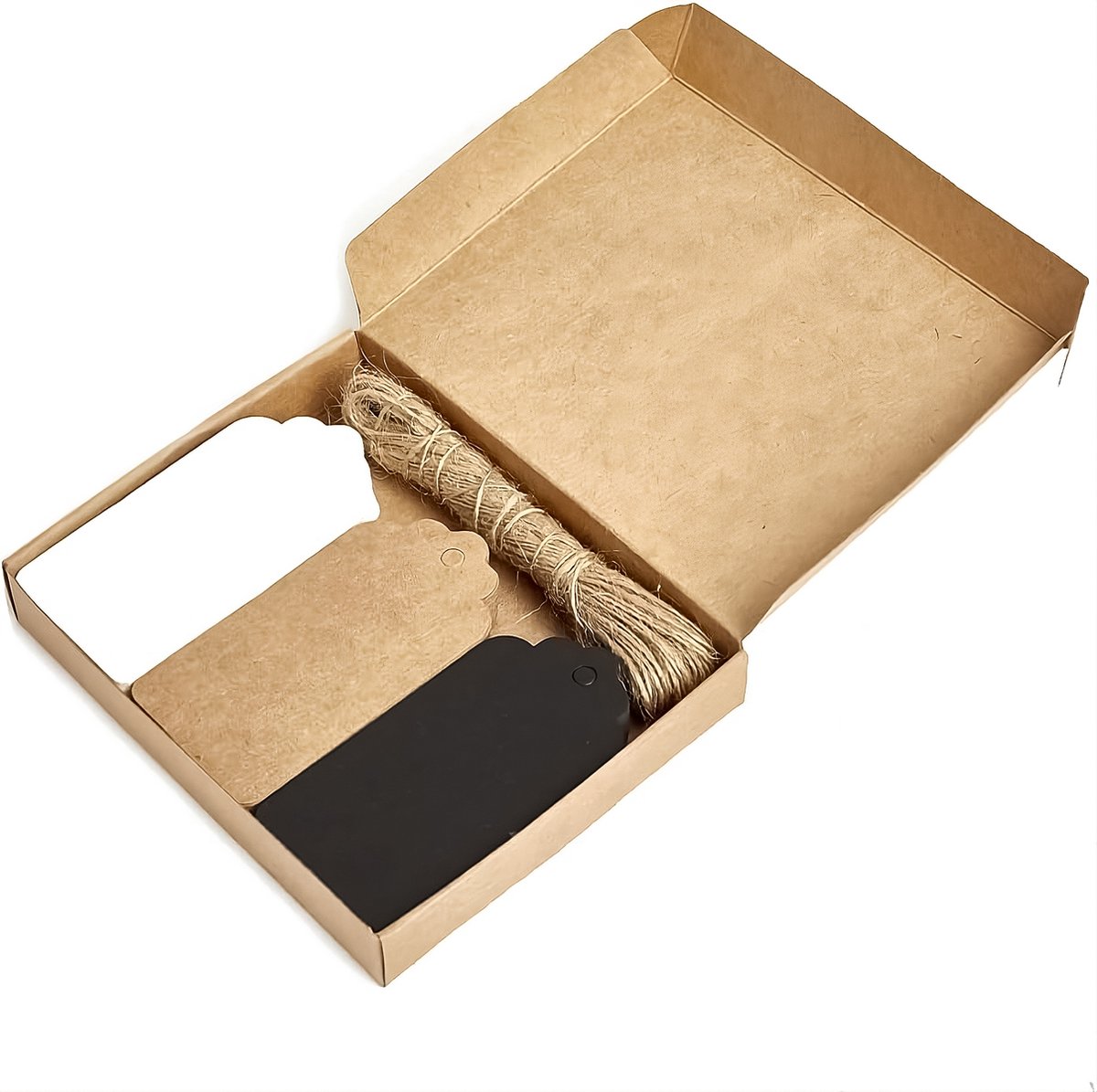 150x Stuks Kraft Karton Labels met 20m Jute Touw - Hart Kartonnen Cadeaulabels met Gaatje en Koord - Bruine, Zwarte & Witte Etiketten - Kraftpapier Naamkaartjes - Blanco Prijskaartjes\Prijslabels met Koortje - 7*4 cm — cadeau in Spellen & Speelgoed - foto 4