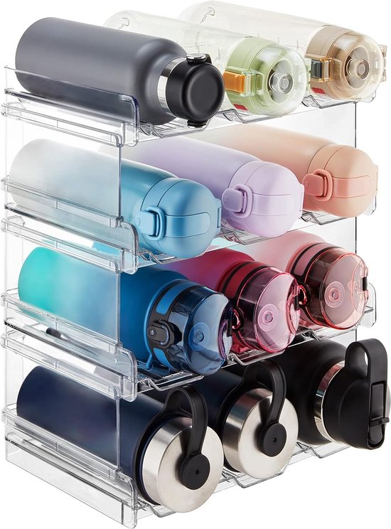GOKEDA 4 packs waterfles organizer, flessenhouder, stapelbaar draagbaar voor efficiënte opslag voor keukenkasten/aanrecht/koelkast/voorraadkast, elk rek bevat 3 containers