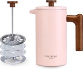 French Press koffiezetapparaat, 1 liter/8 kopjes, dubbelwandige geïsoleerde koffiepot en theekoker, handfilter, koffiepers met zuiger, houten handvat, roze
