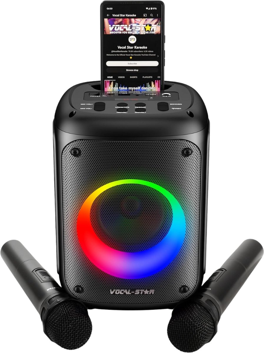 Karaoke Set Voor Volwassenen - Karaokesets Met 2 Microfoons + 60W Speaker - Box + Draadloze Microfoon + Geluidsgevoelige Lichten