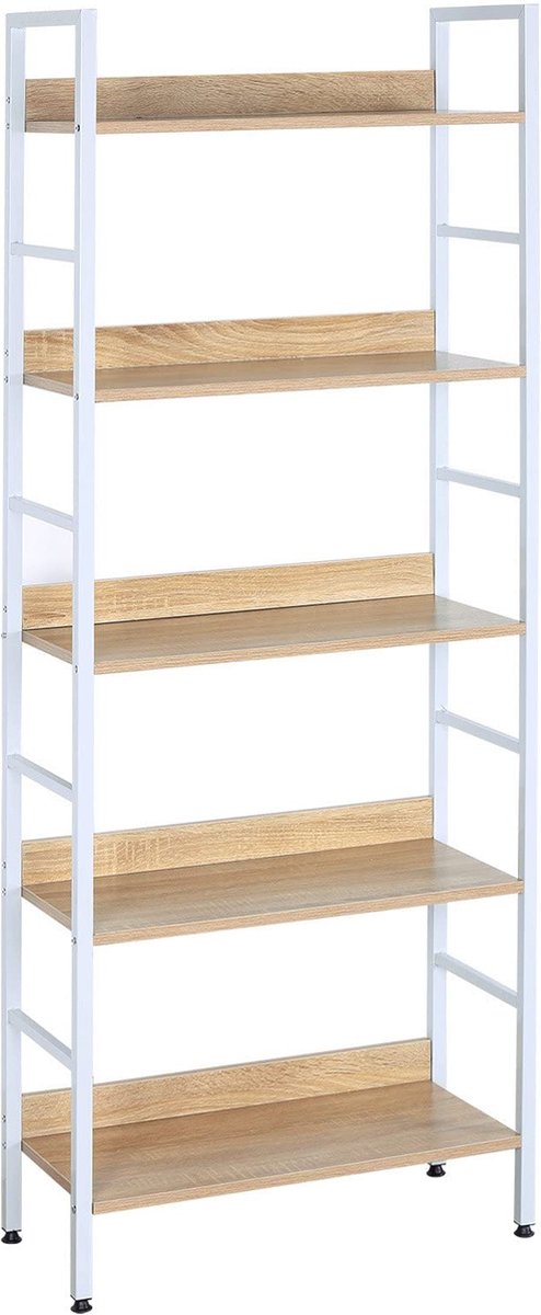 Standregal Hochregal - Stellingkast - Boekenplank - Opbergrek - Displaystandaard - Organisator - Gelaagde plank - Wit + licht eiken - 60x27,5x160 cm