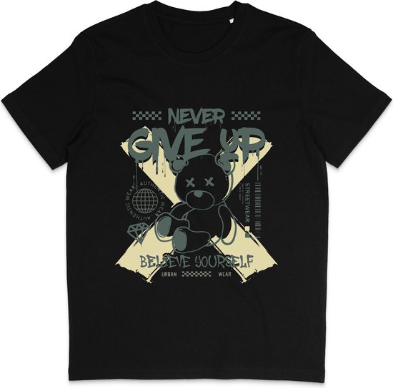 Heren Dames Unisex T Shirt - Quote Never Give Up - Zwart - XS