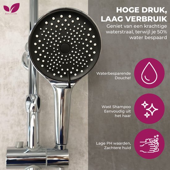 Besjaar Douchekop - Regendouche - Wellness - 3 Sproeistanden - Hoge Druk - Betere Huid - Handdouche - Luxe Moderne Handdouche - Chrome