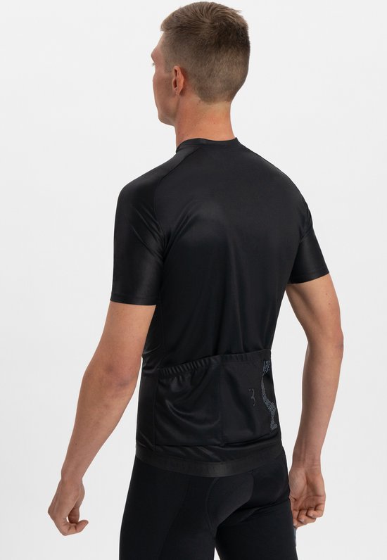 Zwarte fietsjersey voor heren, met korte mouwen, op de achterkant drie zakken en een reflecterend logo.