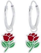 Joy|S - Zilveren bloem bedel oorbellen - rood roosje oorringen