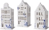 Heinen Delfts Blauw set van 3 witte trapgevel tuitgevel klokgevel Amsterdamse huisjes waxinelicht houders kandelaars wit met Delft Blauw