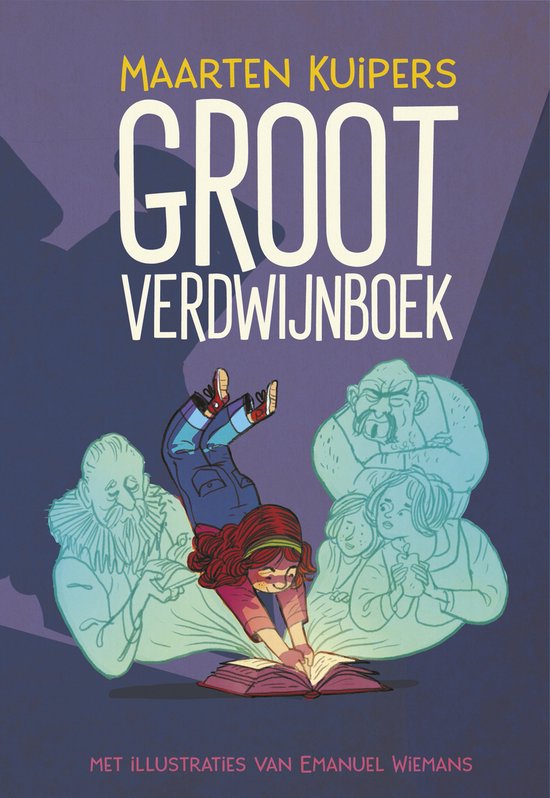 Omslag van het "Groot Verdwijnboek" van Maarten Kuipers. Een meisje met rood haar buigt zich over een opengeslagen boek, omringd door blauwe, schimmige figuren.