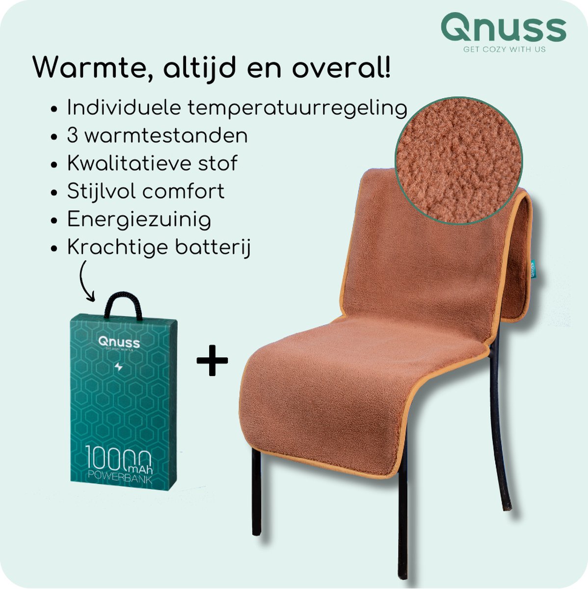 Afbeelding 2 van Qnuss Elektrisch Warmtedeken XL - Duurzaam & Draadloos - Infrarood Warmtedeken - Verwarmd Stoelkleed - 135x45 cm - Bruin - Inclusief Powerbank