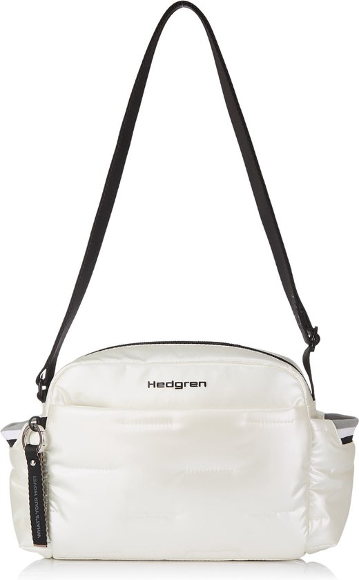 Witte Hedgren schoudertas met gewatteerd design, zwarte band en zijvakken met strepen.