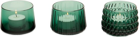 XLBoom Dim Theelichthouder Groen - Set van 3 theelichtjes - Waxinelichthouder Glas - 8 x 8 x 6cm