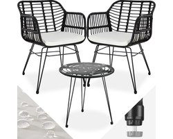 tectake® - outdoor wicker zitgroep, meubel voor 2 personen, 3-delig. Bistroset, balkonmeubel, tuinmeubelset met 2x stoelen + tafel, kleine lounge weerbestendig voor tuin, balkon of terras - zwart - poly-rattan