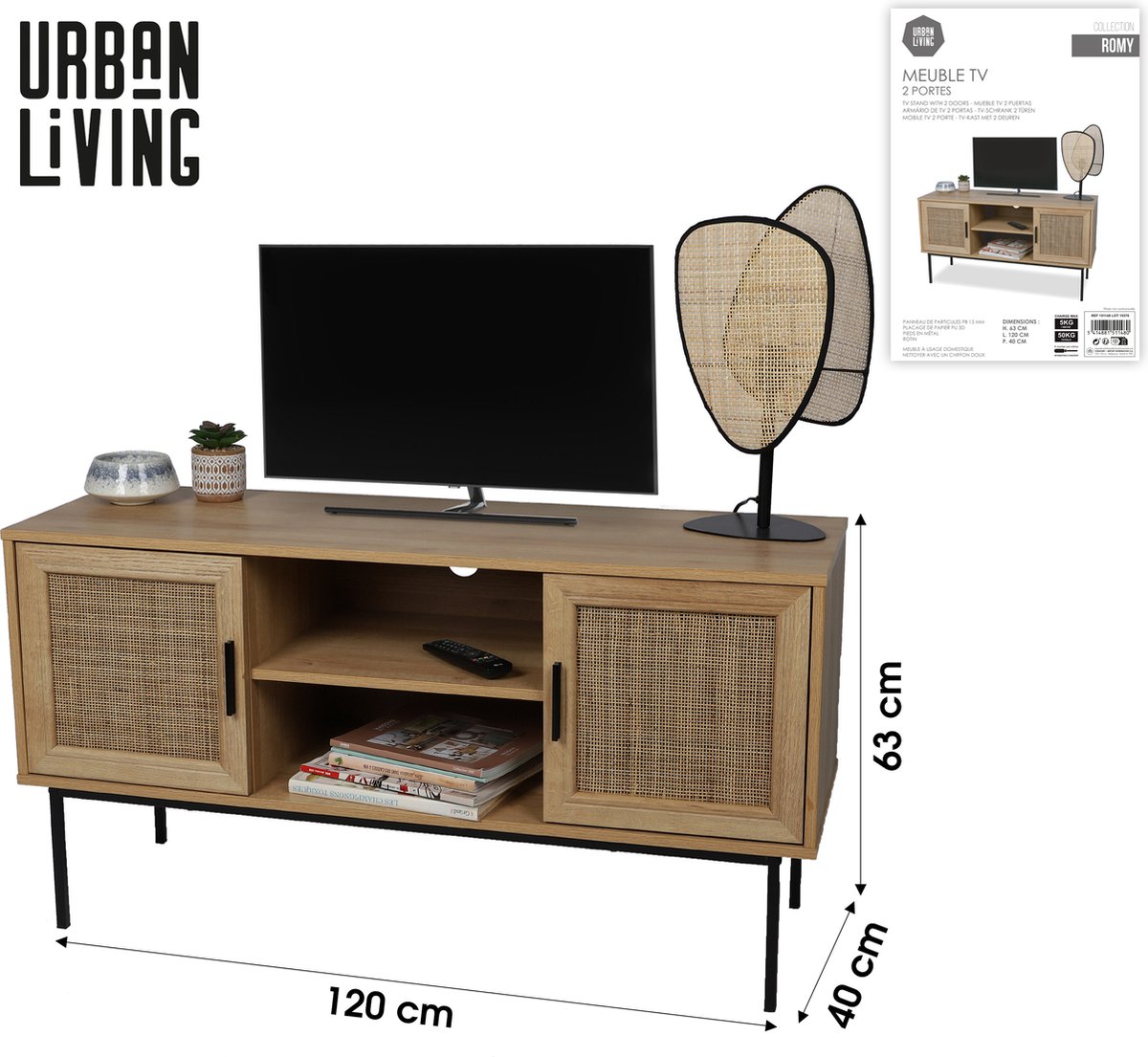 Urban Living "ROMY" tv-meubel met 2 deuren en 2 planken 120 x 39 x H63 cm brown
