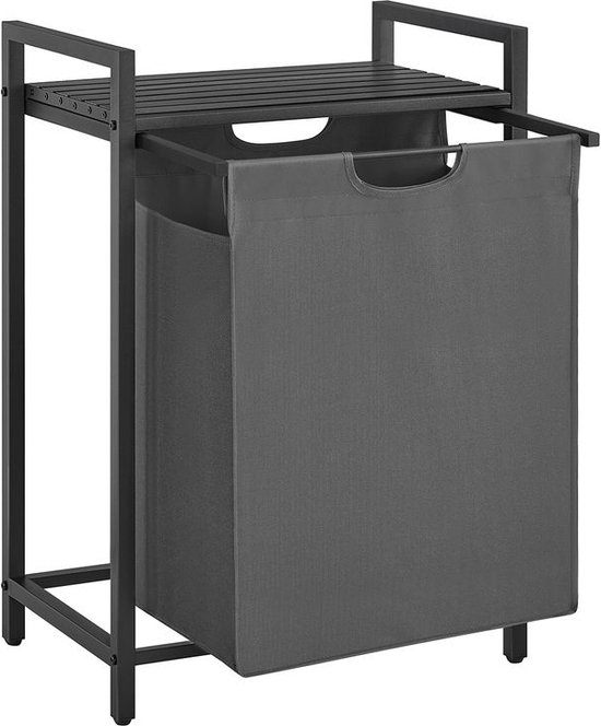 Signature Home Wasmand, Wasemmer met plank, Wasbox, Waszak van oxford stof uitschuifbaar verwijderbaar, Metalen frame, 65 L, 50 x 33 x 72 cm, zwart grijs