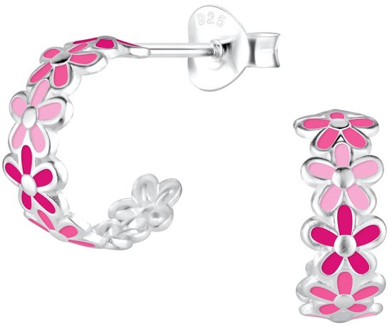 Joy|S - Zilveren bloem oorbellen - 10 mm / 5 mm madelief oorringen - roze - kinderoorbellen