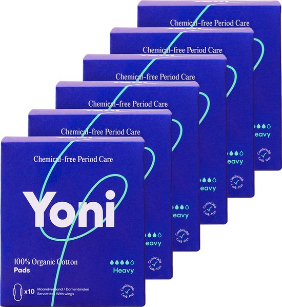 Yoni Maandverband - Heavy - met vleugels - Biologisch Katoen - Voordeelverpakking - 60 stuks - 6x10