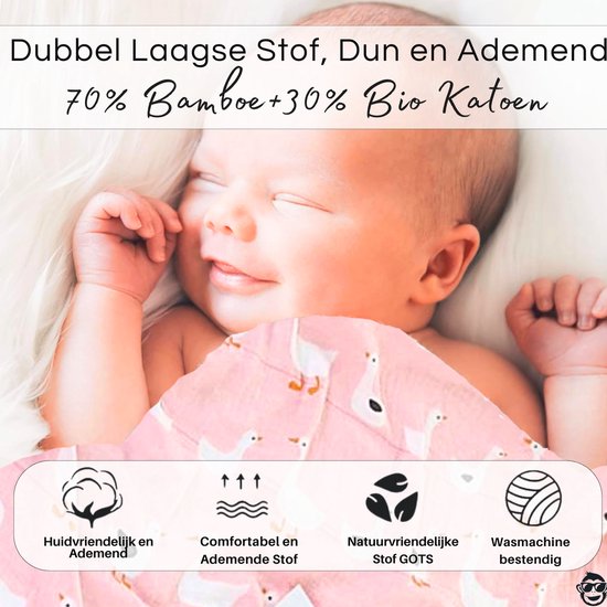 BoefieBoef XL Hydrofiele Doek 120x110cm - Zachte Bamboe Swaddle, Inbakerdoek, Mousseline Doek voor Baby's en Newborns 0 tot 12 maanden - Roze Gans - Dubbellaags, Ademend en Absorberend - Kerst en KraamCadeau - - Duurzaam - Babydeken - Wit Eend Vogel van BoefieBoef — afbeelding 5