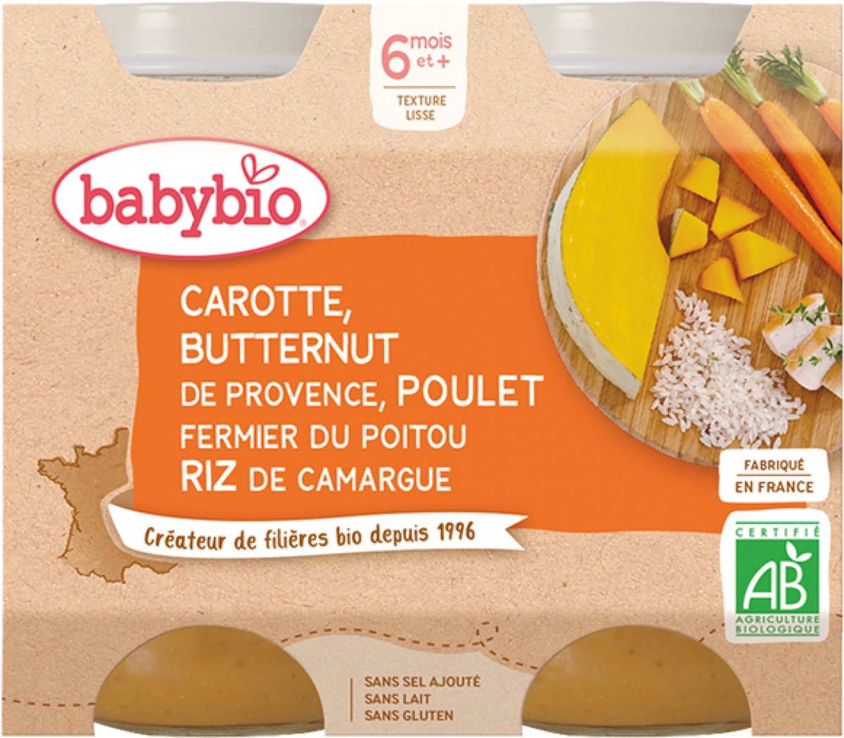 Goedkoopste Babybio Wortel Butternut de Provence, Poulet Fermier du Poitou Riz de Camargue 6 Mois et Bio 2 Potten van 200 g
