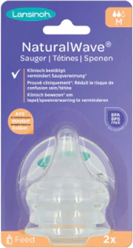 Lansinoh NaturalWave speen, maat M (3m+), 2 stuks, in paarse verpakking met illustraties.