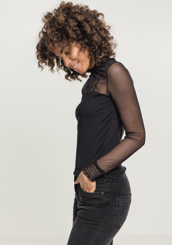 Urban Classics Haut à manches longues - XS- Mesh Double Layer, Zwart translucide