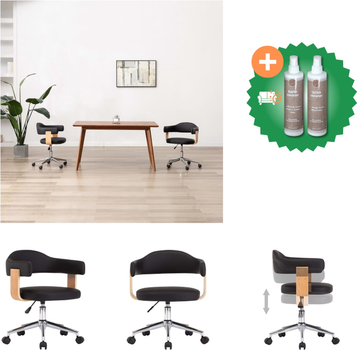 vidaXL Kantoorstoel draaibaar gebogen hout en kunstleer zwart - Bureaustoel - Inclusief Onderhoudsset