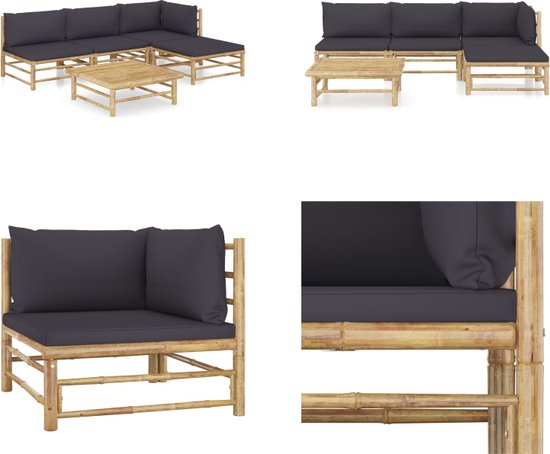 VidaXL 5-delige Loungeset Van Bamboe – Met Comfortabele Kussens (donkergrijs) – Modulair, Inclusief Tafel, Voor Tuin, Terras Of Balkon