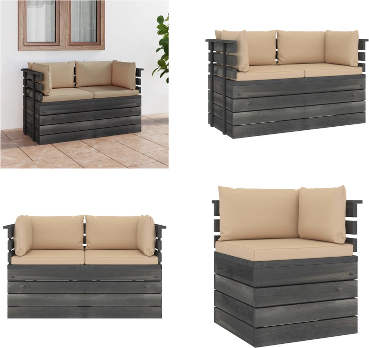 VidaXL Tuinbank 2-zits met kussens pallet massief grenenhout Pallet Bank Pallet Banken Houten Palletbank Houten Palletbanken