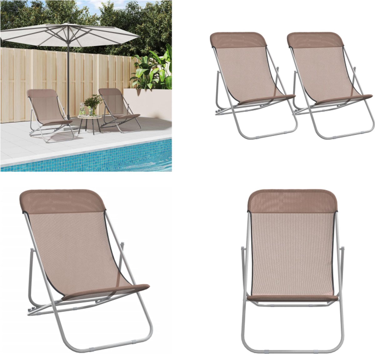 VidaXL Strandstoelen 2 st textileen en gepoedercoat staal bruin Strandstoel Strandstoelen Inklapbare Stoel Campingstoel