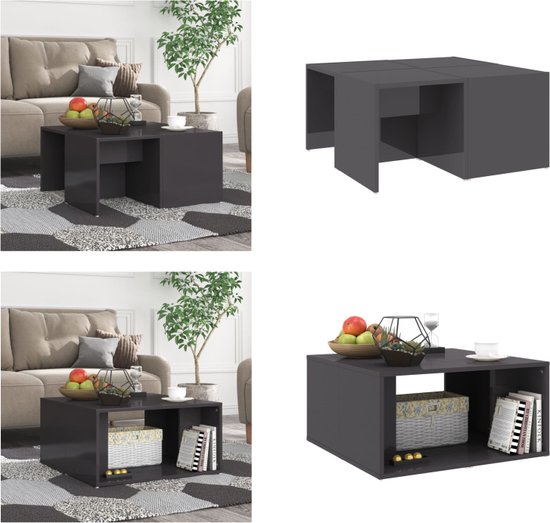 Set van donkergrijze salontafels, gestyled in een woonkamer.