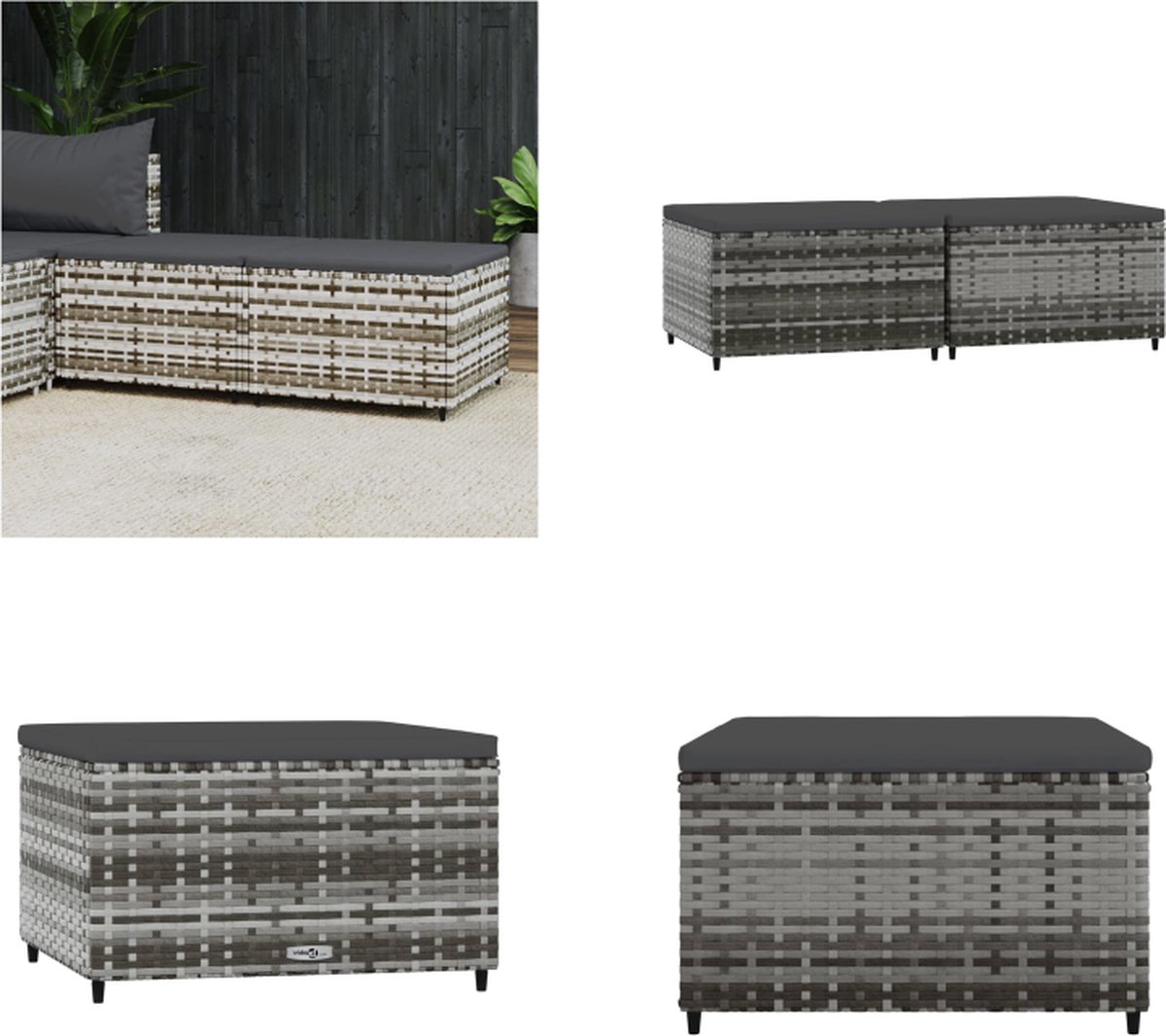 vidaXL Voetensteunen - 2 - st - met - kussens - poly - rattan - grijs