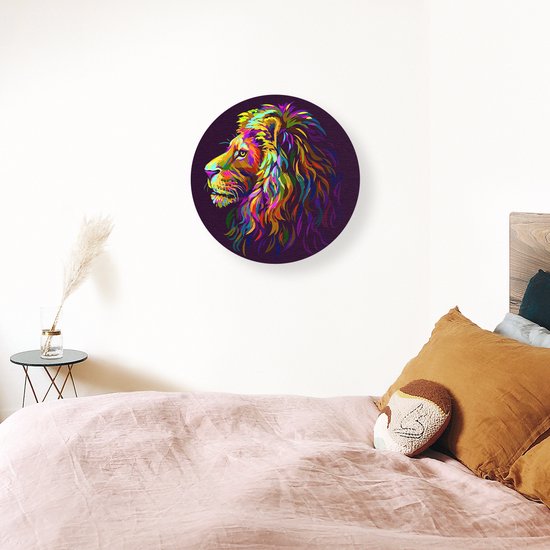 Artaza Forex Muurcirkel Gekleurde Leeuw - Leeuwenkop - Abstract - 70x70 cm - Wandcirkel - Rond Schilderij - Wanddecoratie Cirkel - Muurdecoratie