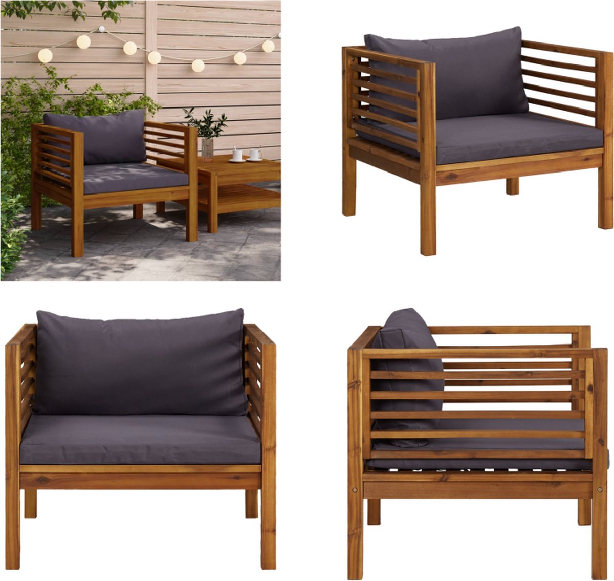 VidaXL Tuinstoel met donkergrijze kussens massief acaciahout Tuinstoel Tuinstoelen Tuin Fauteuil Tuin Fauteuils