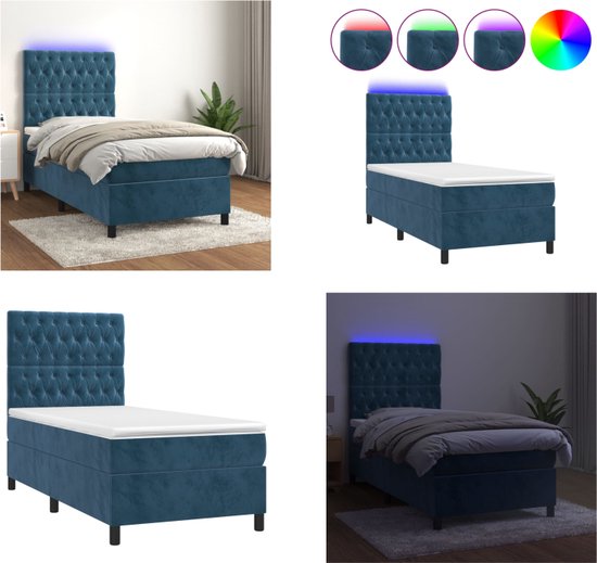 vidaXL Boxspring met matras en LED fluweel donkerblauw 100x200 cm - Boxspring - Boxsprings - Bed - Slaapmeubel