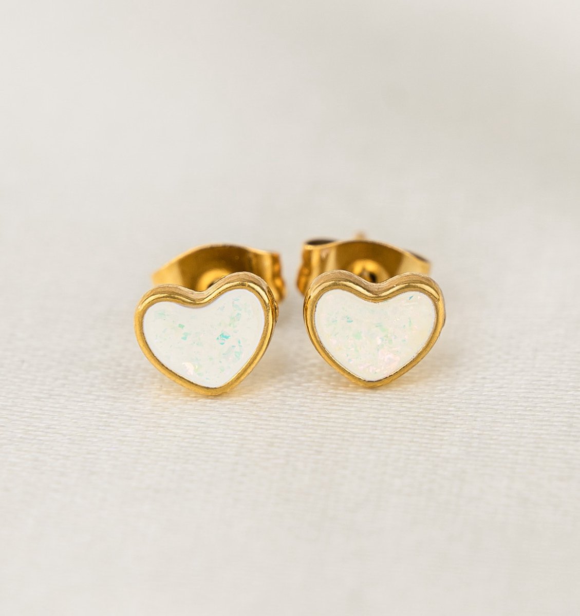 Oorbellen Hartjes | Stainless Steel Goud - Wit