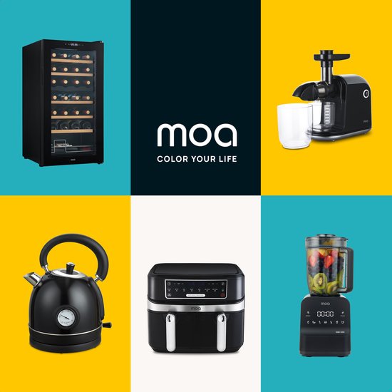 Collage van MOA apparaten: wijnkoelkast, sapcentrifuge, waterkoker, airfryer, blender.