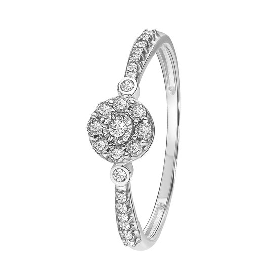 Lucardi Dames 14K witgouden entourage ring met 23 diamanten (0,10ct) - Ring - 14 Karaat Goud - Witgoud - 18.5 / 58 mm