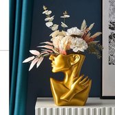 Creativiteit gezicht vazen decoratie, moderne vaas gezicht standbeeld keramische bloempot hoofd kunstversiering huisdecoratie bloemenvazen voor pampasgras woonkamer slaapkamer (goud)
