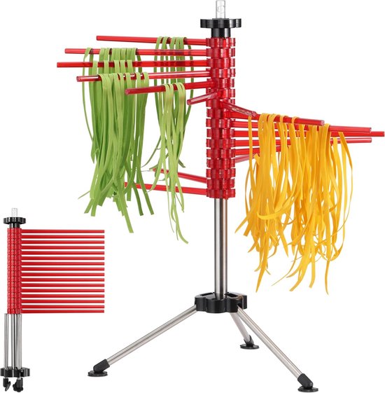 Séchoir à Pâtes Pliable En Bois - Support Pour Spaghetti & Nouilles Fraîches | 49.5x49.5x44cm | 9 Tiges Amovibles - 12