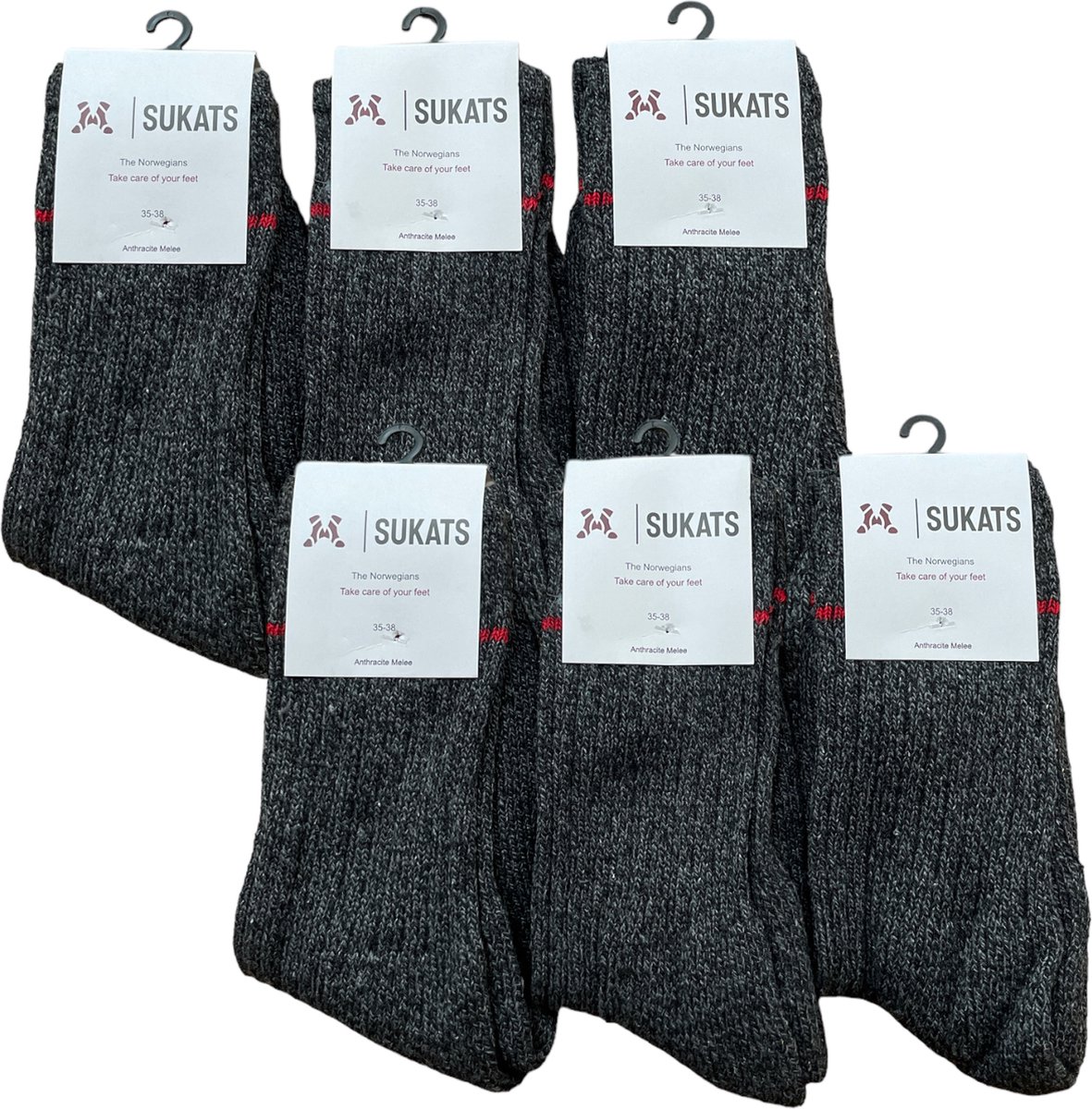 Sukats® The Norwegians - 6 Paar - Noorse Sokken - Maat 35-38 - Antraciet - Dames - Voordeelverpakking - Warme sokken - Winter sokken - Wollen sokken